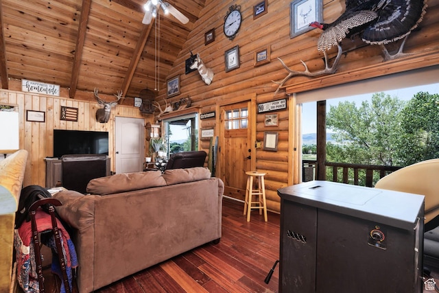 440 N Quarry Rd, Salina, UT 84654 - living room with high vaulted ceiling, dark wood-style flooring, ceiling fan, a wooden ceiling with exposed beams, and plenty of natural light