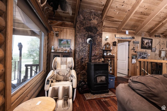 440 N Quarry Rd, Salina, UT 84654 - living area with wood ceiling, hardwood / wood-style floors, a wood stove, and wood walls
