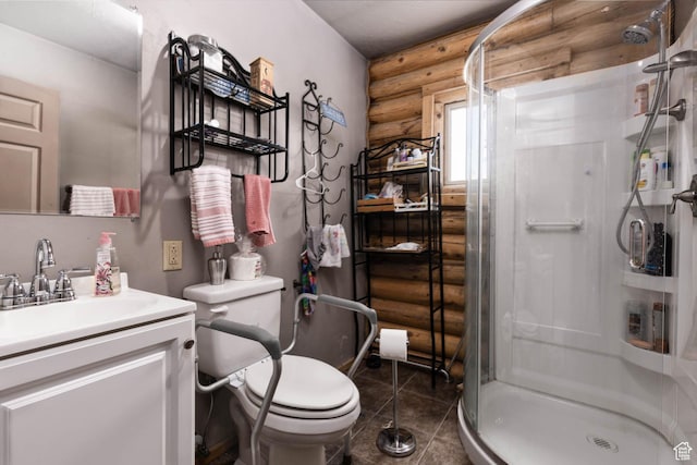 440 N Quarry Rd, Salina, UT 84654 - bathroom with rustic walls, a shower stall, vanity, and tile patterned floors