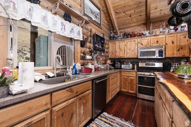440 N Quarry Rd, Salina, UT 84654 - kitchen with stainless steel appliances, wooden ceiling, dark wood finished floors, butcher block counters, and tasteful backsplash