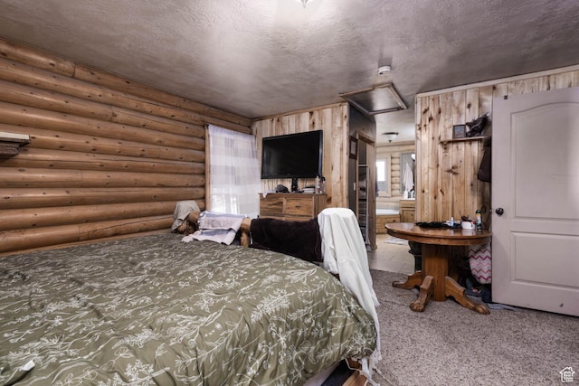 440 N Quarry Rd, Salina, UT 84654 - carpeted bedroom featuring a textured ceiling, attic access, and log walls