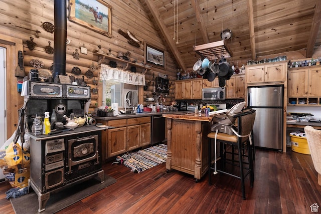 440 N Quarry Rd, Salina, UT 84654 - kitchen with appliances with stainless steel finishes, a wood ceiling with exposed beams, log walls, dark wood-type flooring, and high vaulted ceiling