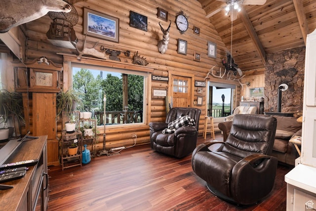 440 N Quarry Rd, Salina, UT 84654 - living area featuring high vaulted ceiling, hardwood / wood-style flooring, a wood stove, rustic walls, and a wood ceiling with exposed beams