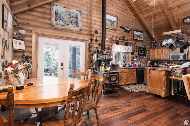 440 N Quarry Rd, Salina, UT 84654 - dining room with high vaulted ceiling, dark wood finished floors, a wooden ceiling with exposed beams, a wood stove, and rustic walls