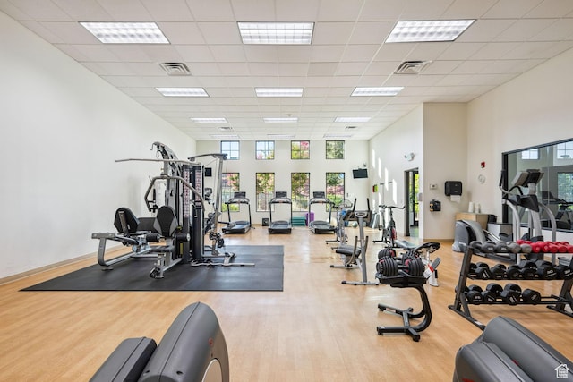 1200 N Crown King Ave, Washington, UT 84780 - workout area featuring wood finished floors, a paneled ceiling, and a towering ceiling