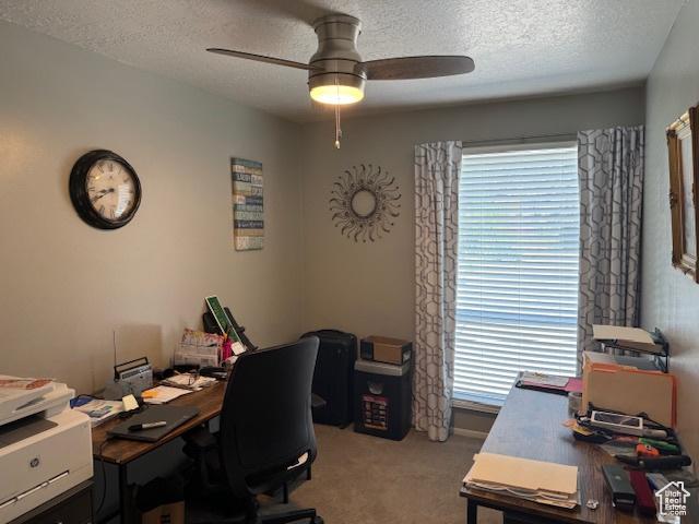 4650 S Chapel Dr E, Salt Lake City, UT 84117 - office space with a textured ceiling, a ceiling fan, and light carpet