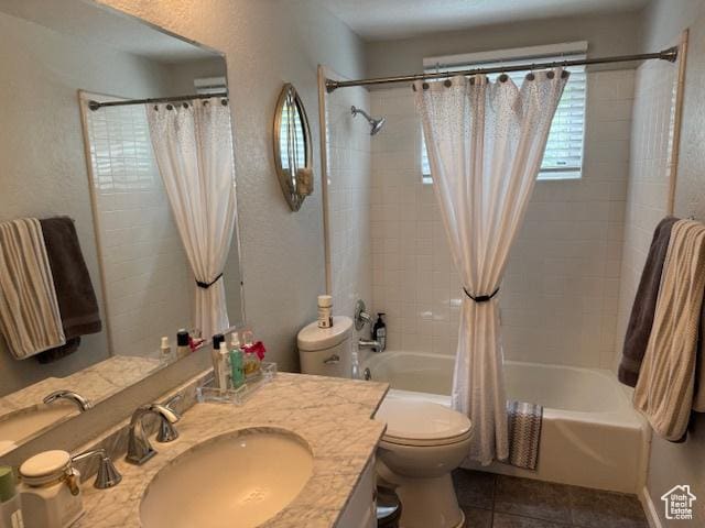 4650 S Chapel Dr E, Salt Lake City, UT 84117 - full bath featuring vanity, shower / bath combo, tile patterned flooring, and a textured wall