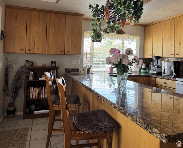 804 Fleetwood Dr, Tooele, UT 84074 - kitchen with light tile patterned floors, dark stone countertops, a kitchen bar, and a peninsula