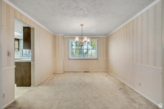 1936 S 800 E, Bountiful, UT 84010 - unfurnished dining area with wallpapered walls, ornamental molding, a chandelier, carpet, and a textured ceiling
