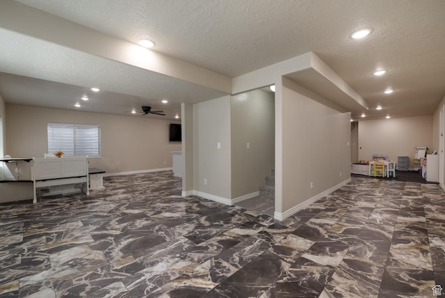 3486 W 1750 S, Vernal, UT 84078 - below grade area with a textured ceiling, recessed lighting, stairs, and ceiling fan