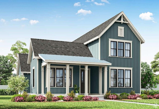11289 S Aqua St Unit 328, South Jordan, UT 84009 - view of front of house with roof with shingles, a porch, a front lawn, and board and batten siding