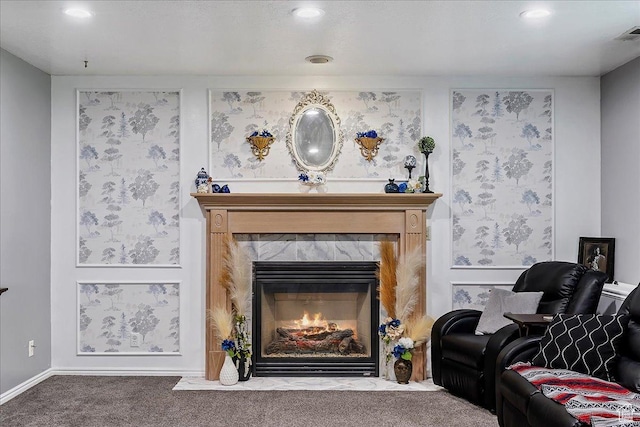 4266 S 2900 W, Roy, UT 84067 - living room featuring carpet, a tiled fireplace, and recessed lighting