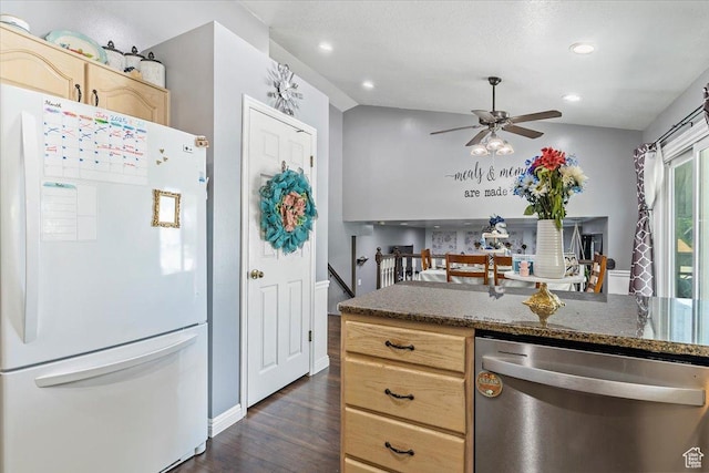 4266 S 2900 W, Roy, UT 84067 - kitchen with freestanding refrigerator, dishwasher, dark wood-style floors, a ceiling fan, and light brown cabinetry