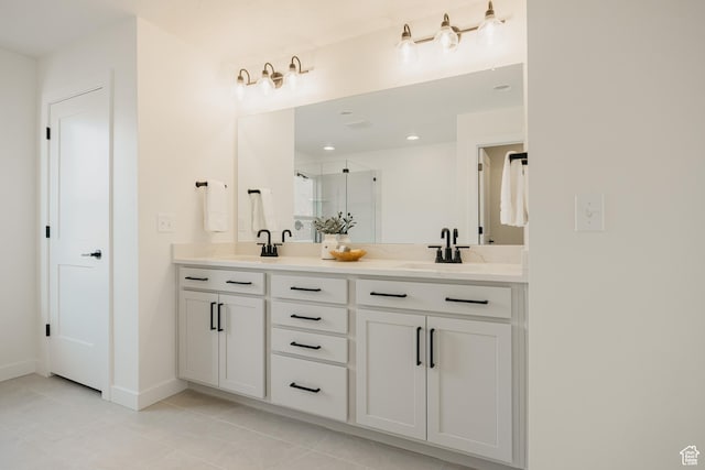 5976 N Canyon Rim Rd E Unit 615, Lehi, UT 84043 - bathroom featuring double vanity, a stall shower, and tile patterned floors