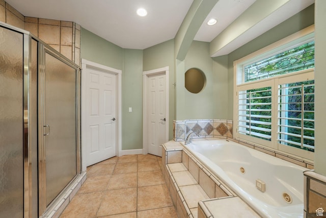 238 N Vista Ct, Saratoga Springs, UT 84045 - bathroom featuring a whirlpool tub, a stall shower, recessed lighting, and tile patterned flooring