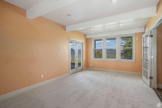 238 N Vista Ct, Saratoga Springs, UT 84045 - empty room with beamed ceiling, carpet, recessed lighting, and french doors
