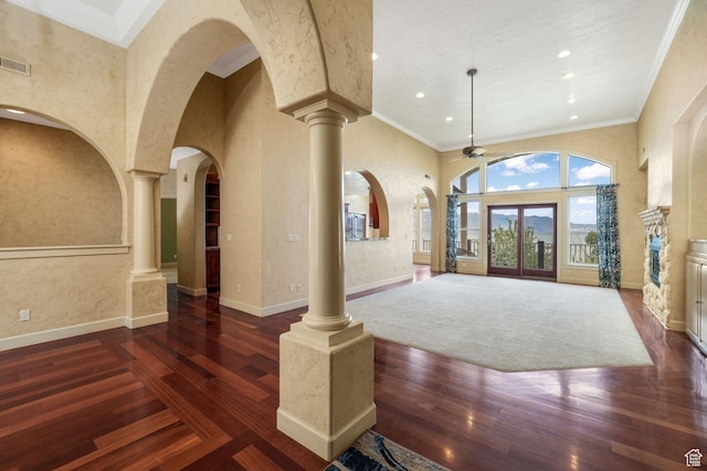 238 N Vista Ct, Saratoga Springs, UT 84045 - entryway with a ceiling fan, wood finished floors, arched walkways, a towering ceiling, and ornate columns