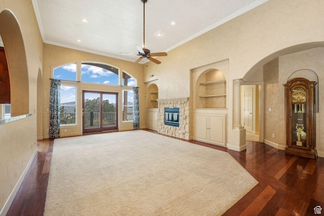 238 N Vista Ct, Saratoga Springs, UT 84045 - unfurnished living room with built in features, ceiling fan, recessed lighting, wood finished floors, and ornamental molding