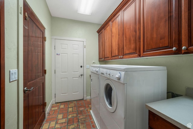 238 N Vista Ct, Saratoga Springs, UT 84045 - laundry room with cabinet space, brick flooring, and independent washer and dryer