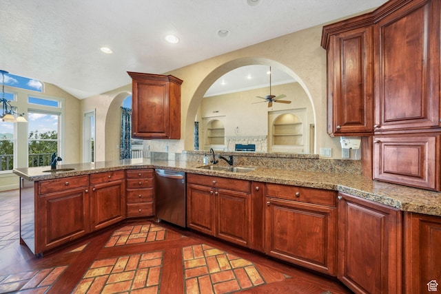 238 N Vista Ct, Saratoga Springs, UT 84045 - kitchen with dishwasher, ceiling fan, arched walkways, a peninsula, and stone countertops