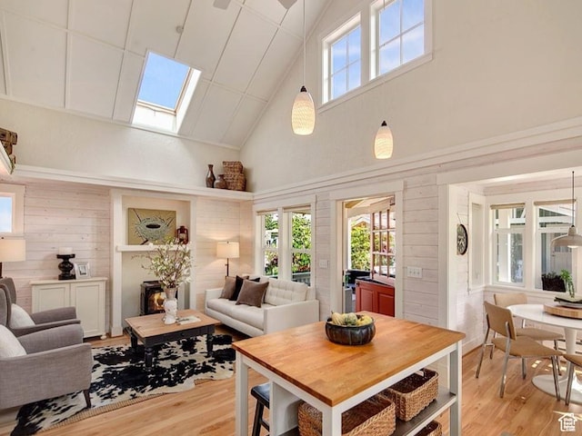247 W 200 S, Santaquin, UT 84655 - living area with a skylight, high vaulted ceiling, light wood-style flooring, plenty of natural light, and wood walls