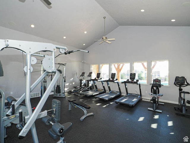 5229 W Armada Way, Herriman, UT 84096 - workout area with ceiling fan, high vaulted ceiling, and recessed lighting