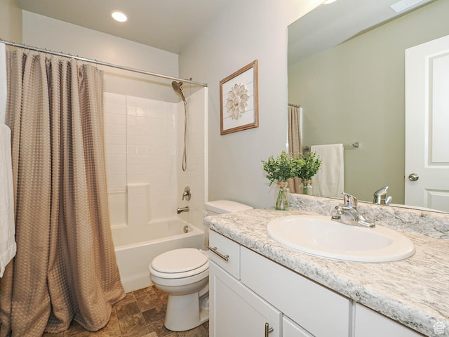 5229 W Armada Way, Herriman, UT 84096 - bathroom featuring vanity, shower / bath combo with shower curtain, and recessed lighting
