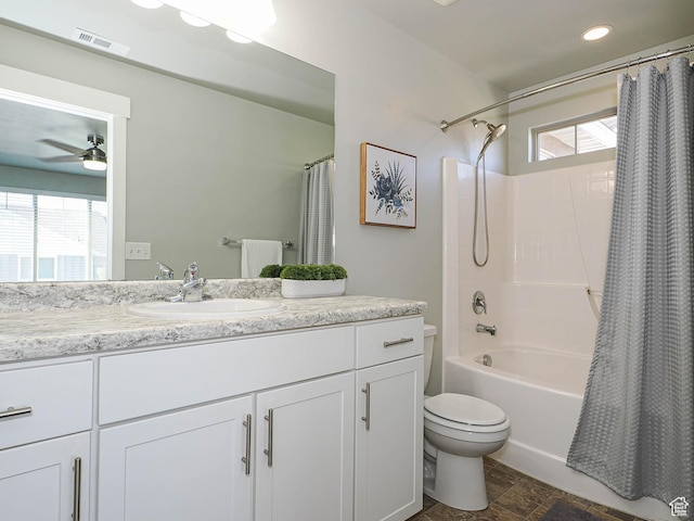 5229 W Armada Way, Herriman, UT 84096 - bathroom with shower / bath combo with shower curtain, vanity, a ceiling fan, and recessed lighting