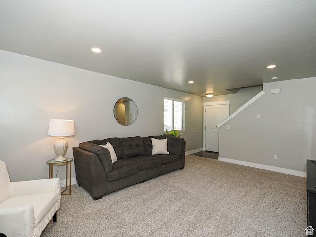 5229 W Armada Way, Herriman, UT 84096 - living room featuring carpet, recessed lighting, and stairs