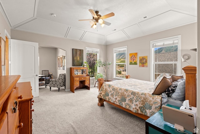 135 W Cove Dr, Elk Ridge, UT 84651 - bedroom with light carpet, vaulted ceiling, arched walkways, attic access, and a ceiling fan