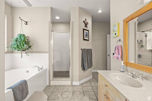 135 W Cove Dr, Elk Ridge, UT 84651 - full bath with a stall shower, vanity, a garden tub, tile patterned floors, and recessed lighting