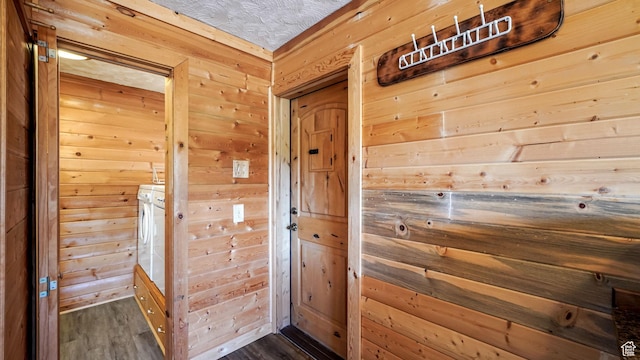 403 E Center, Nephi, UT 84648 - doorway with wood walls, dark wood-type flooring, and a textured ceiling
