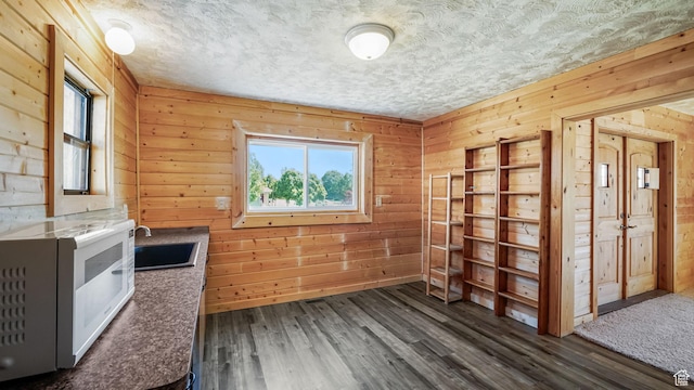 403 E Center, Nephi, UT 84648 - unfurnished dining area featuring healthy amount of natural light, dark wood-style flooring, wooden walls, and a textured ceiling