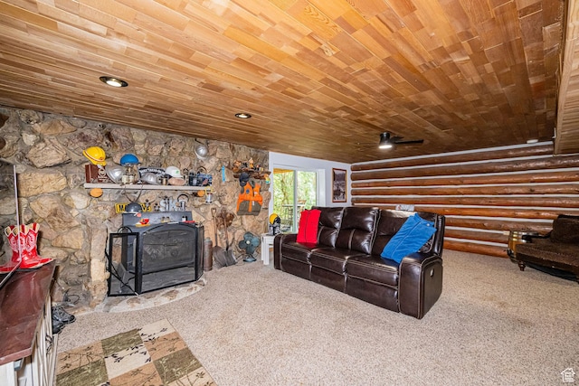 2127 E 5950 N, Liberty, UT 84310 - carpeted living room with log walls, wooden ceiling, and ceiling fan
