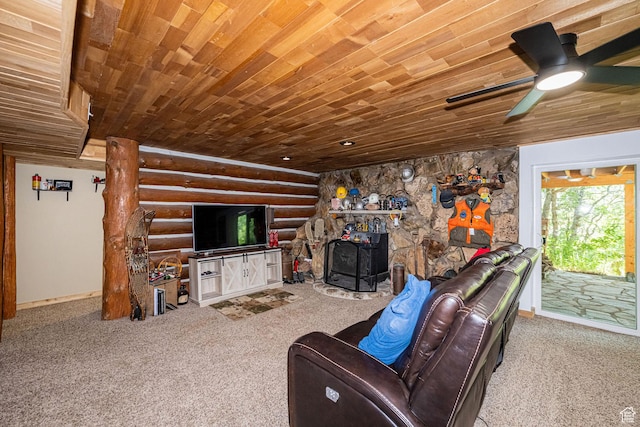 2127 E 5950 N, Liberty, UT 84310 - living area featuring wood ceiling, log walls, carpet floors, and ceiling fan