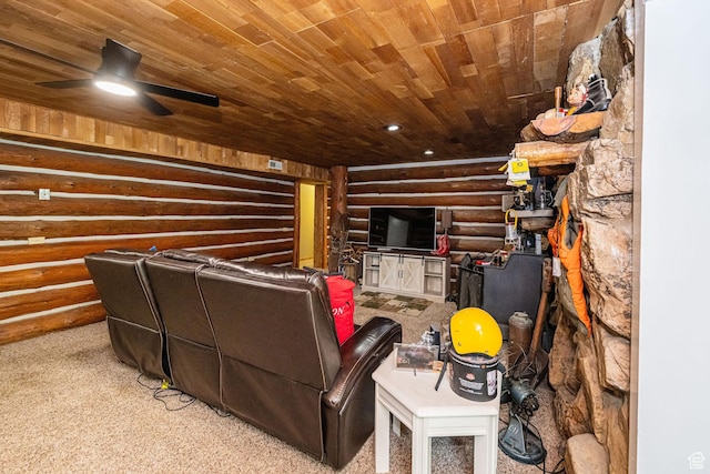 2127 E 5950 N, Liberty, UT 84310 - carpeted living room with log walls, wooden ceiling, and a ceiling fan