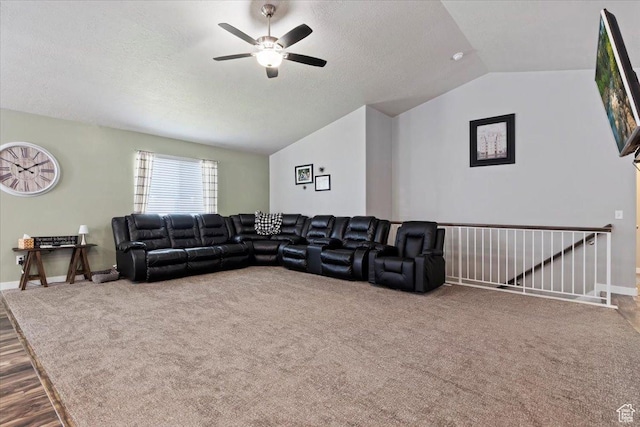 6533 W Elena St S, West Valley City, UT 84128 - living room with vaulted ceiling, ceiling fan, carpet, a textured ceiling, and wood finished floors