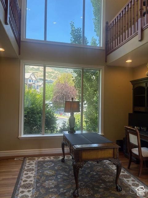 9061 N Canyon Dr, Cedar Hills, UT 84062 - rec room with a towering ceiling, wood finished floors, and a desk