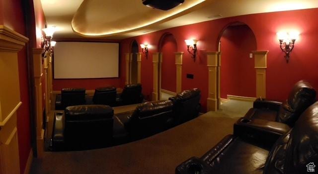 9061 N Canyon Dr, Cedar Hills, UT 84062 - home theater featuring arched walkways and ornate columns