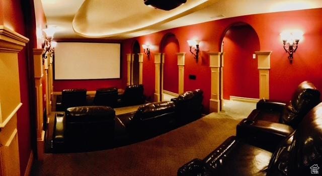 9061 N Canyon Dr, Cedar Hills, UT 84062 - home theater featuring arched walkways and carpet floors