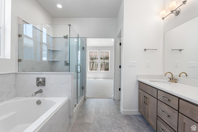 11184 S Easy Bee Rd Unit 265, South Jordan, UT 84009 - bathroom featuring vanity, a bath, a marble finish shower, marble finish floors, and recessed lighting