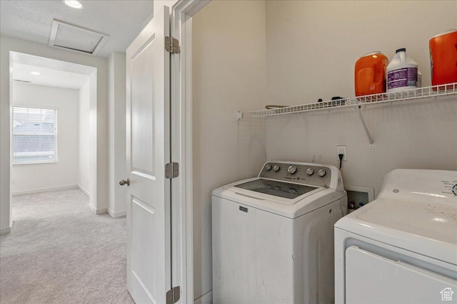 5239 W Mellow Way S, Jordan, UT 84009 - washroom with light colored carpet, washer and dryer, attic access, and recessed lighting