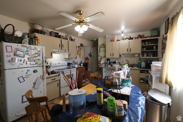 4217 W Twilight Dr S, Salt Lake City, UT 84118 - kitchen with white appliances, under cabinet range hood, a ceiling fan, open shelves, and light countertops