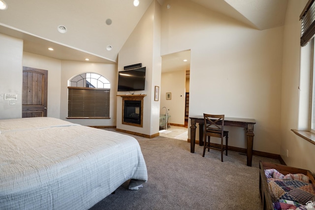 2849 W 1800 S, Vernal, UT 84078 - bedroom with light carpet, recessed lighting, a multi sided fireplace, and high vaulted ceiling