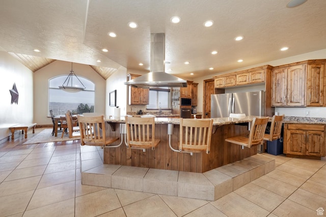 2849 W 1800 S, Vernal, UT 84078 - kitchen with freestanding refrigerator, island exhaust hood, recessed lighting, light tile patterned floors, and black microwave