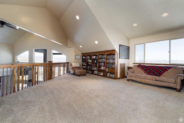 2849 W 1800 S, Vernal, UT 84078 - living area with carpet, high vaulted ceiling, ceiling fan, and recessed lighting