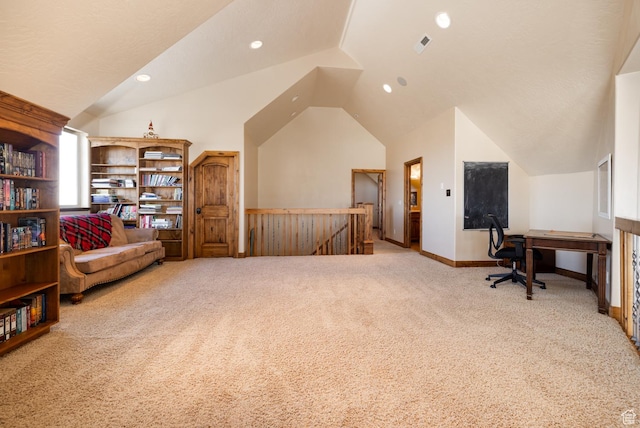2849 W 1800 S, Vernal, UT 84078 - living area featuring carpet flooring, an upstairs landing, lofted ceiling, an office area, and recessed lighting