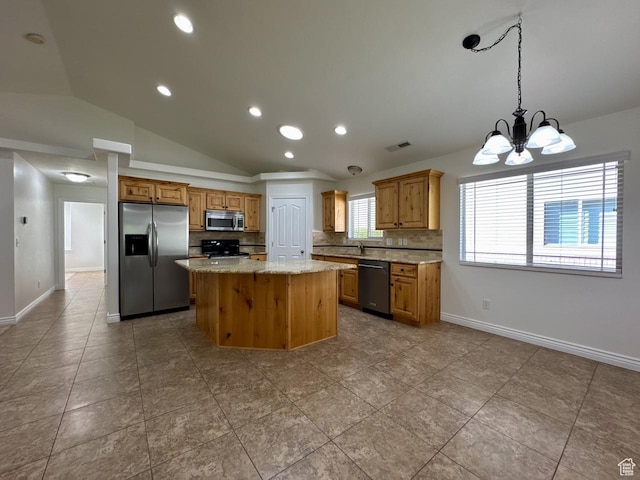 94 Hillsborough Dr, Pleasant View, UT 84414 - kitchen featuring appliances with stainless steel finishes, tasteful backsplash, a chandelier, a kitchen island, and lofted ceiling