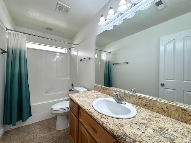 94 Hillsborough Dr, Pleasant View, UT 84414 - bathroom featuring vanity, shower / bath combination with curtain, a textured ceiling, and tile patterned floors