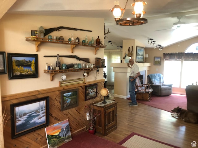 15700 N 7100 E, Spring City, UT 84662 - living area featuring plenty of natural light, lofted ceiling, wood finished floors, a chandelier, and a ceiling fan